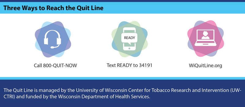 ways to reach the Wisconsin Tobacco Quit Line: phone (1-800-QUIT-NOW), text (READY to 34191) or online (WIQuitLine.org)